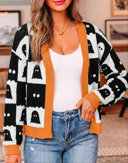 Halloween Ghost Print Open Front Knit Cardigan