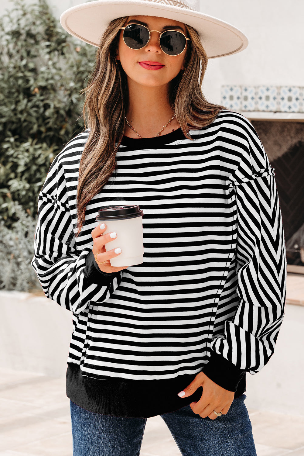 Red Stripe Oversized Pullover Exposed Seam Long Sleeve Top
