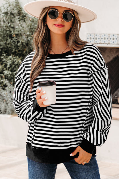 Red Stripe Oversized Pullover Exposed Seam Long Sleeve Top