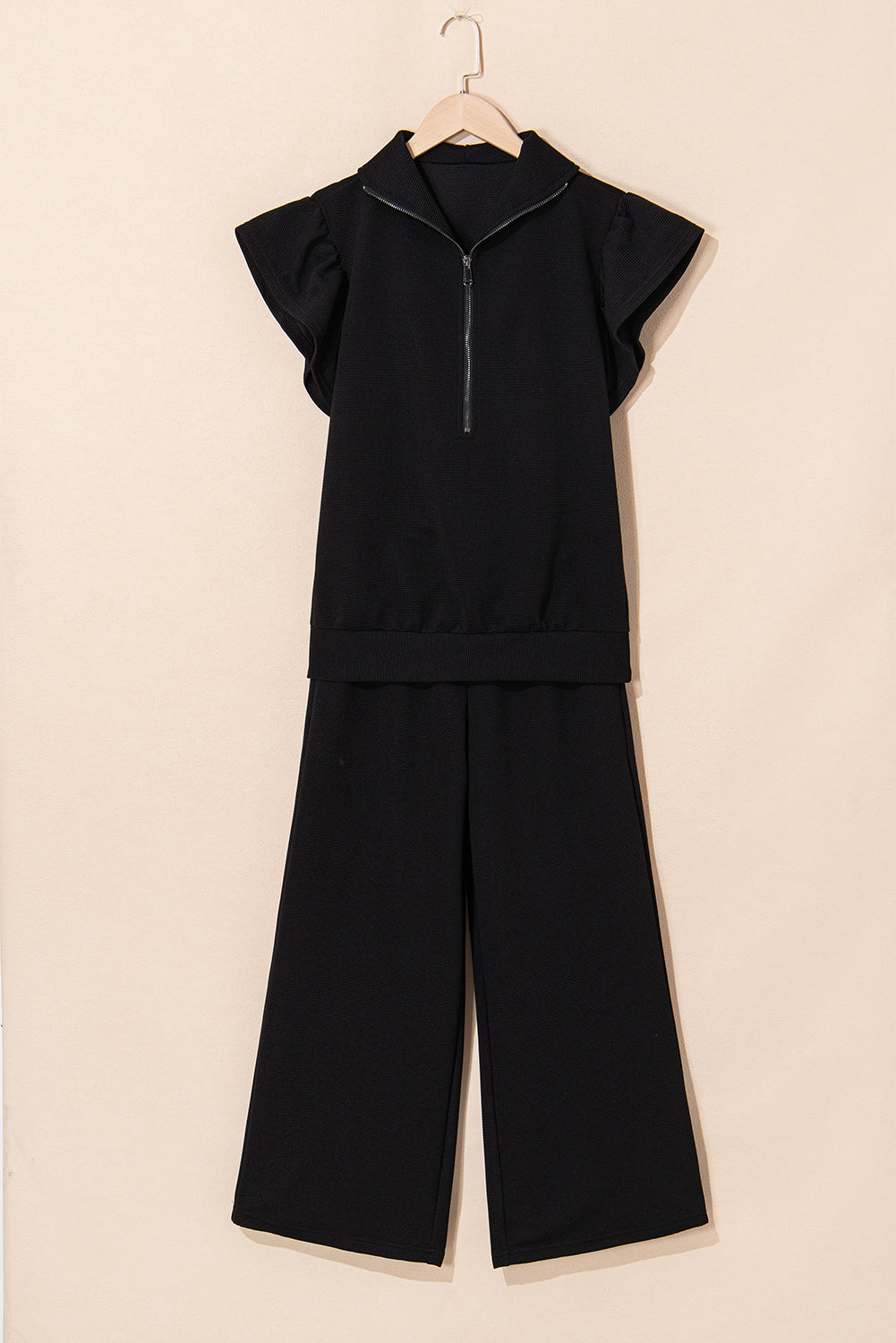 Textured Ruffle Sleeve Solid Color Two-Piece Set