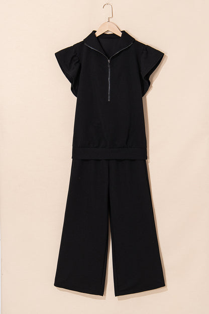 Textured Ruffle Sleeve Solid Color Two-Piece Set