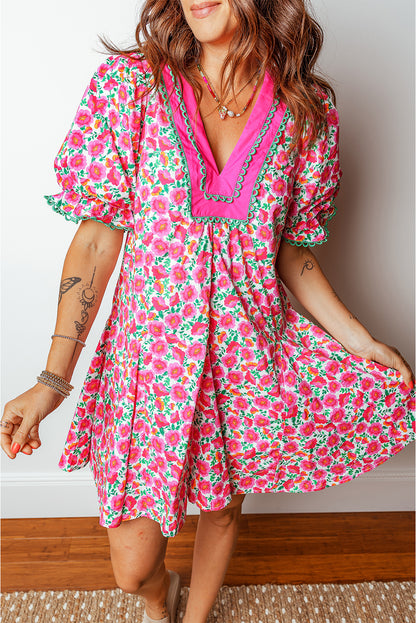 Pink Floral V Neck Puff Sleeve Mini Dress