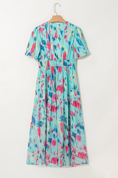 Abstract Print Puff Sleeve V Neck Tiered Maxi Dress