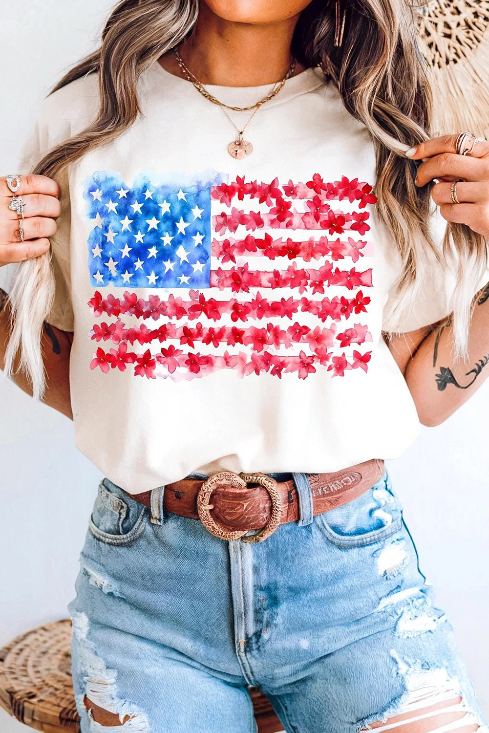 USA Floral Flag Tee Independence Day Patriotic Top