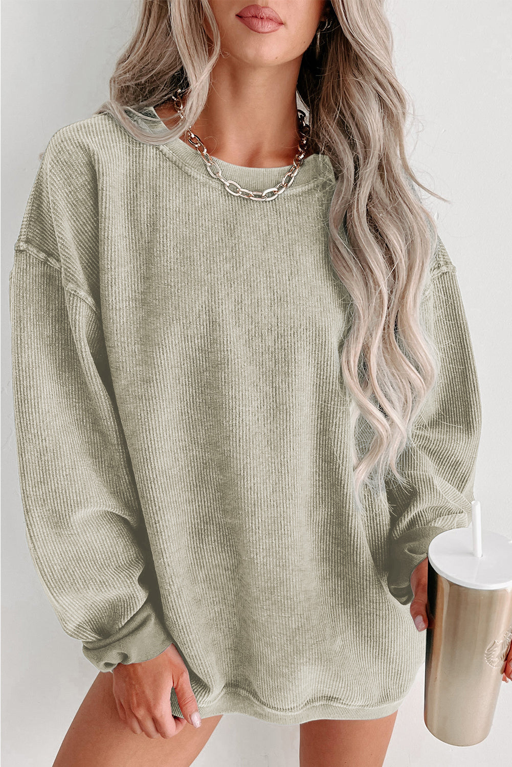 Black Ribbed Knit Crew Neck Oversized Sweatshirt