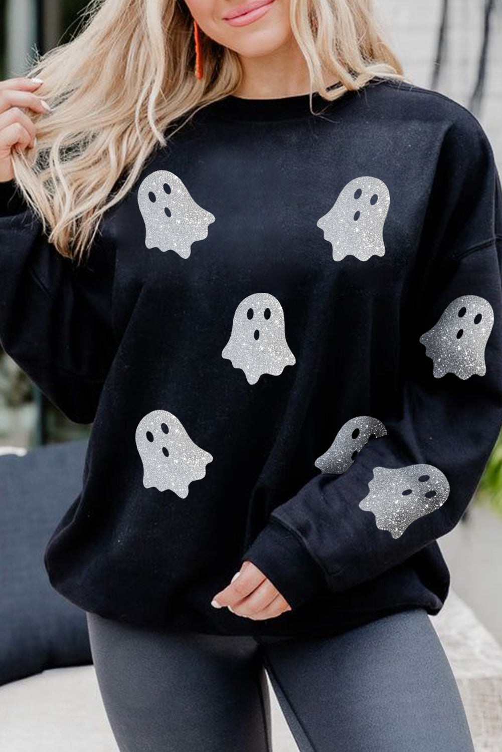 Halloween Glitter Ghost Pattern Drop Shoulder Sweatshirt