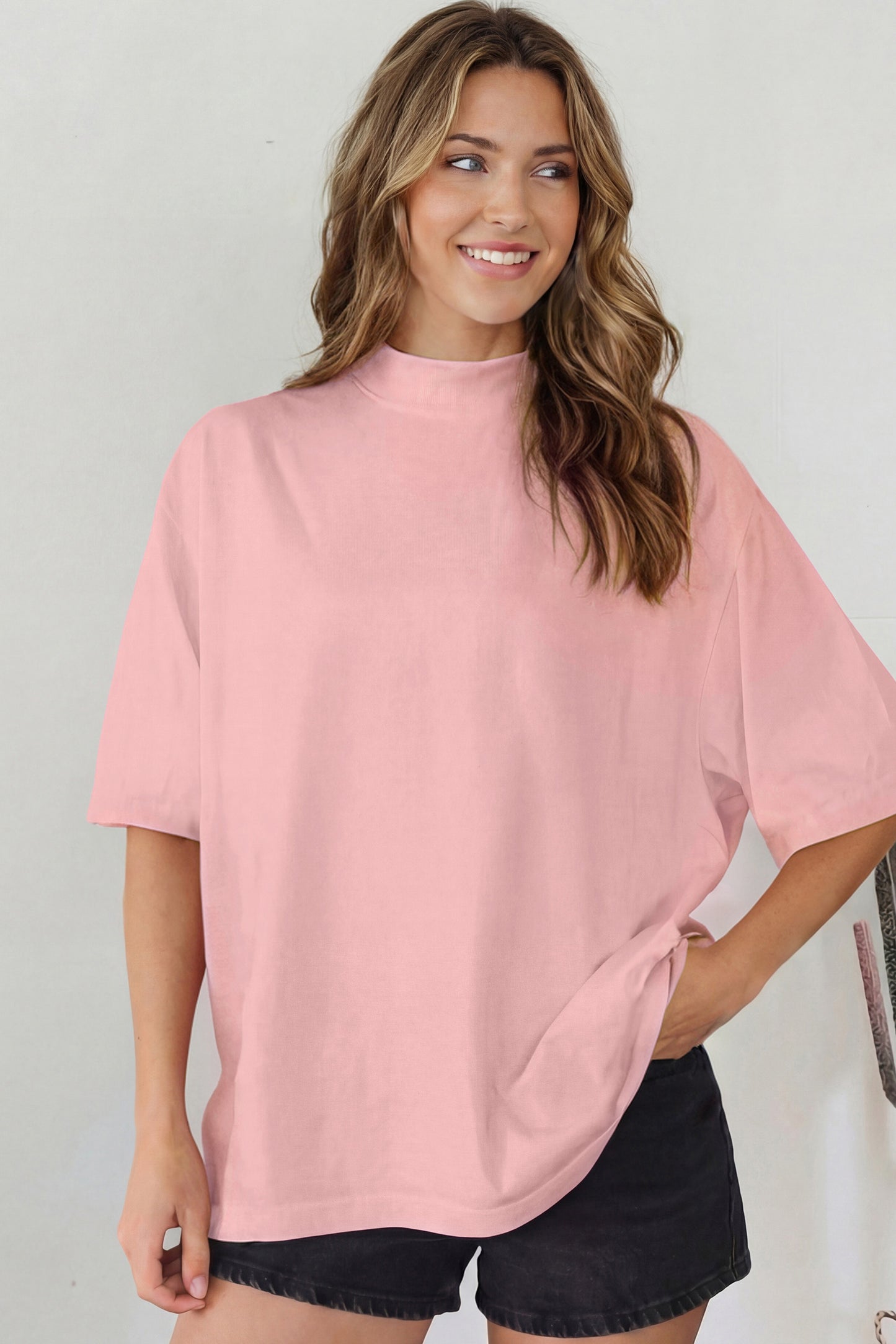 Dark Blue Oversized Mock Neck Tee Casual Relaxed Top