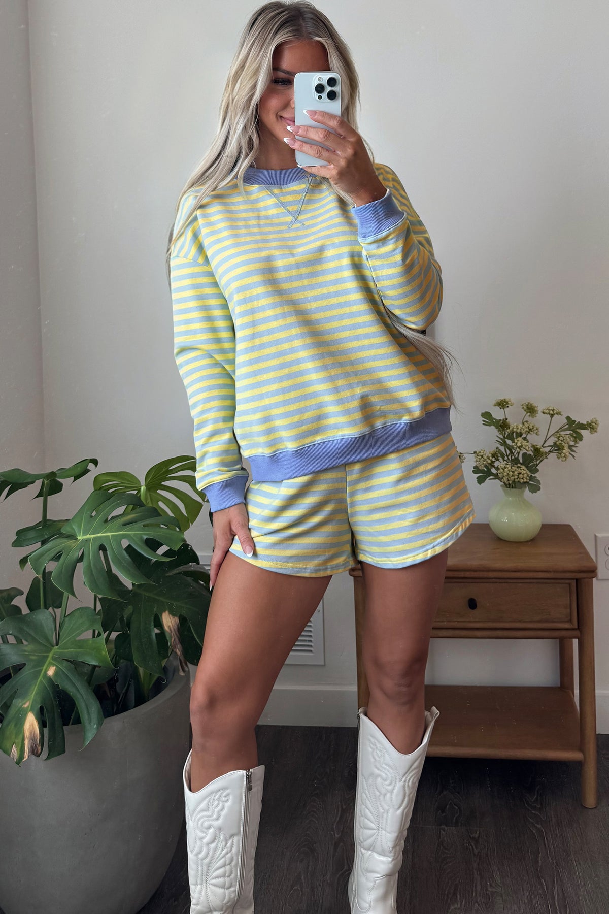 Striped Long Sleeve Pullover and Shorts Lounge Set