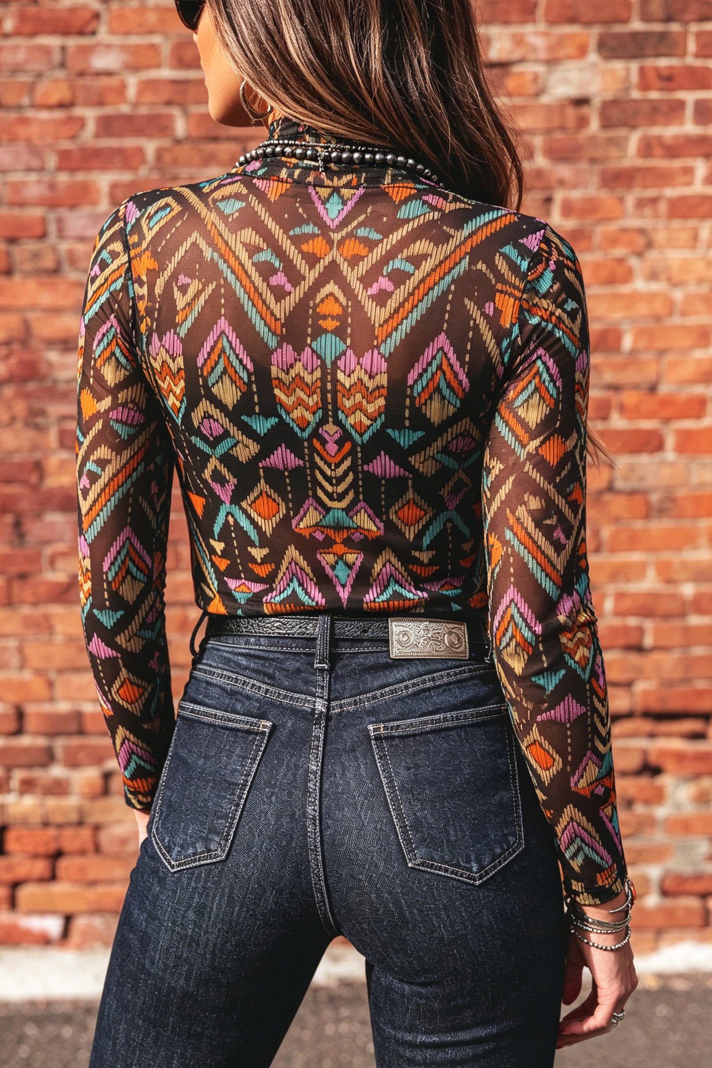 Abstract Print Mock Neck Mesh Long Sleeve Top