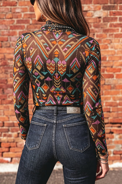 Abstract Print Mock Neck Mesh Long Sleeve Top