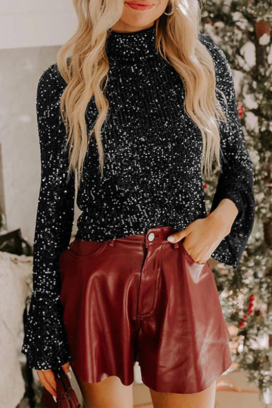 Sparkly Black Sequin Mock Neck Open Back Bell Sleeve Top