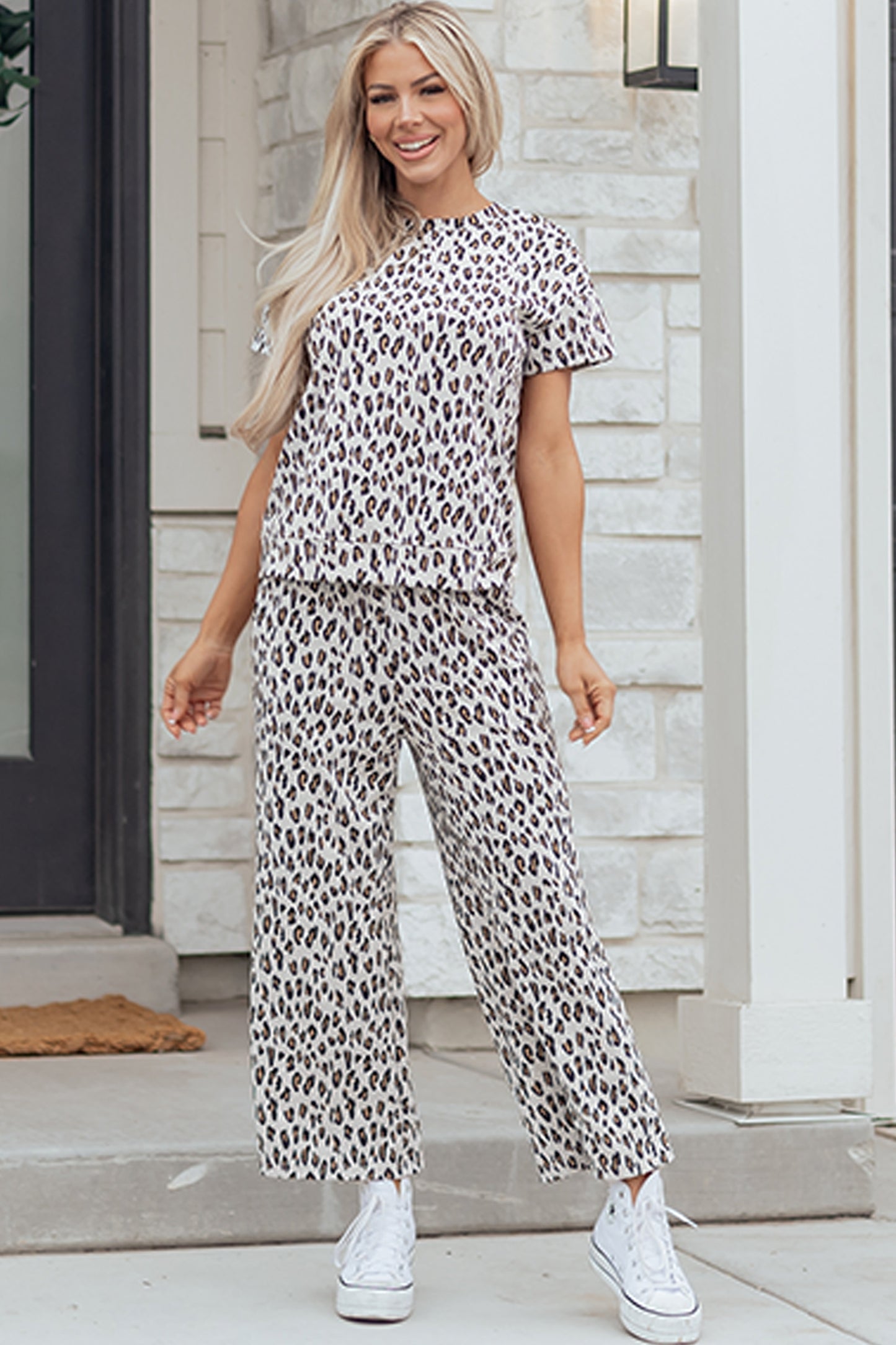 Beige Leopard Print Short Sleeve Top and Wide Leg Pants Set