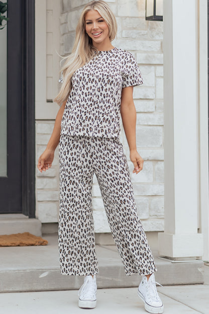 Beige Leopard Print Short Sleeve Top and Wide Leg Pants Set