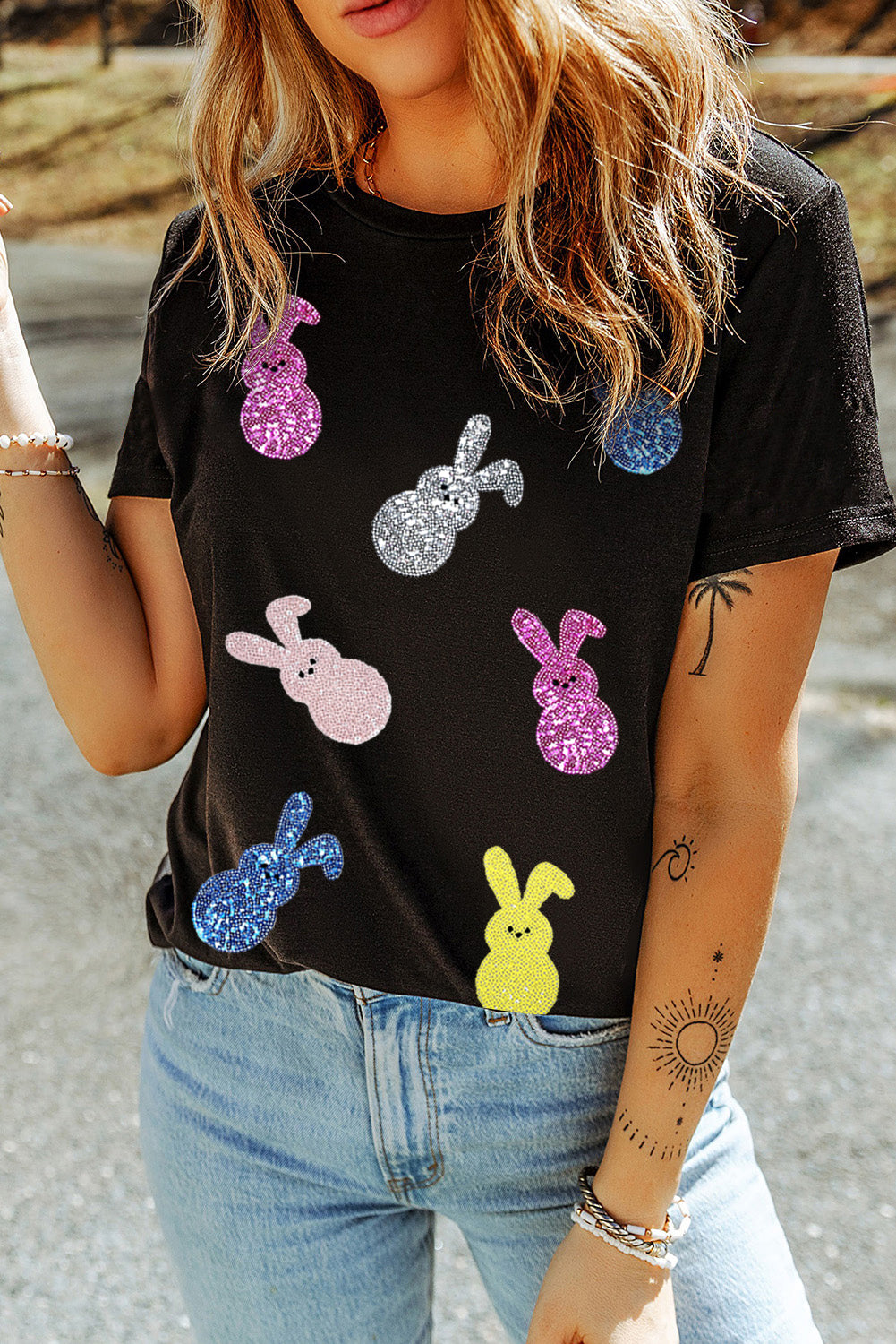 Black Easter Sequin Bunny Graphic Crew Neck Tee
