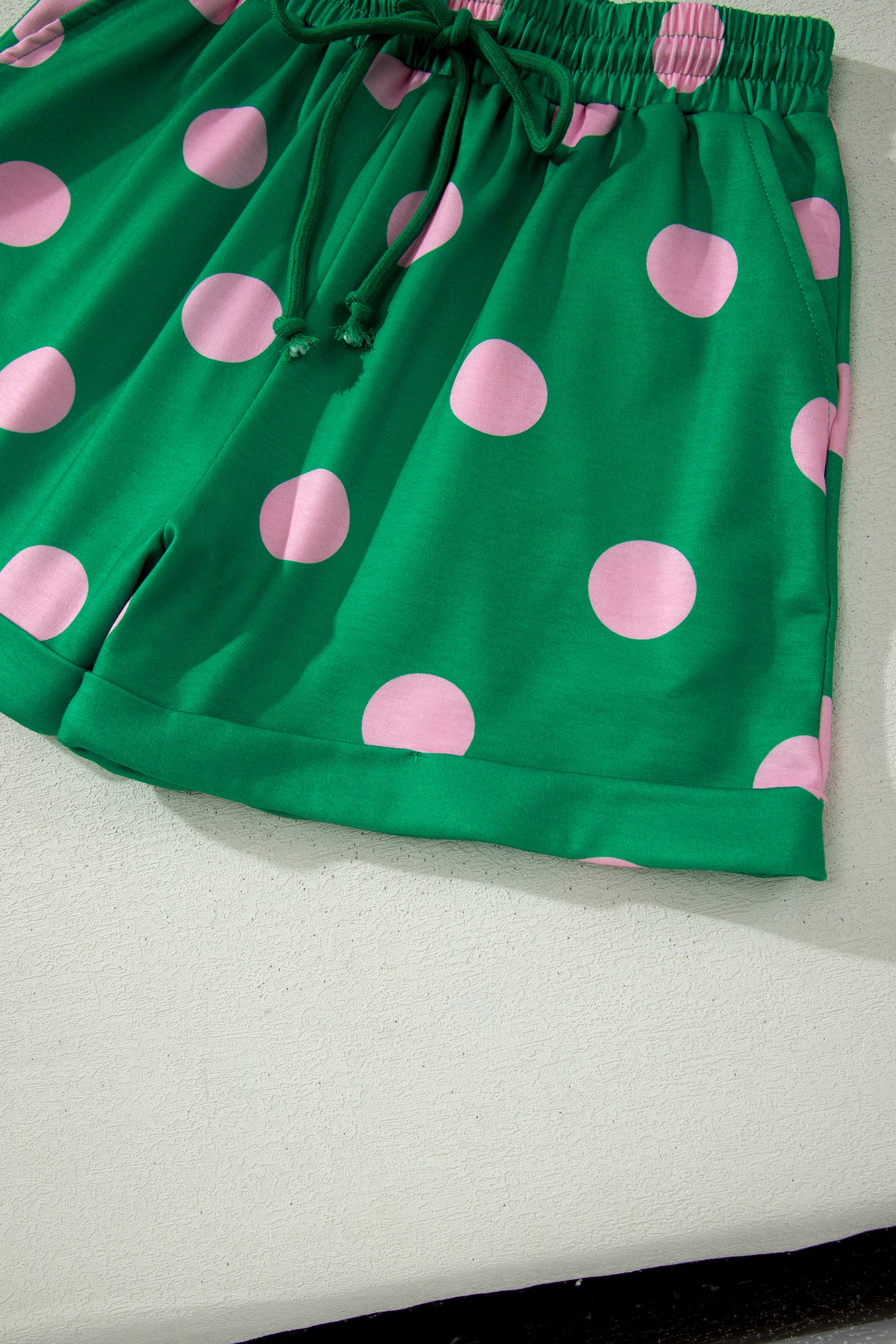 Green Polka Dot Lounge Set V Neck Tee and Shorts