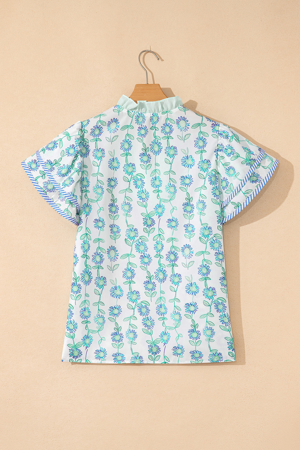 Blue Floral V Neck Short Sleeve Blouse Summer Top