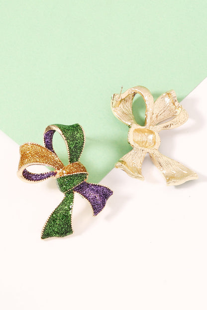 Mardi Gras Glitter Bow Earrings Purple Green Gold 3D