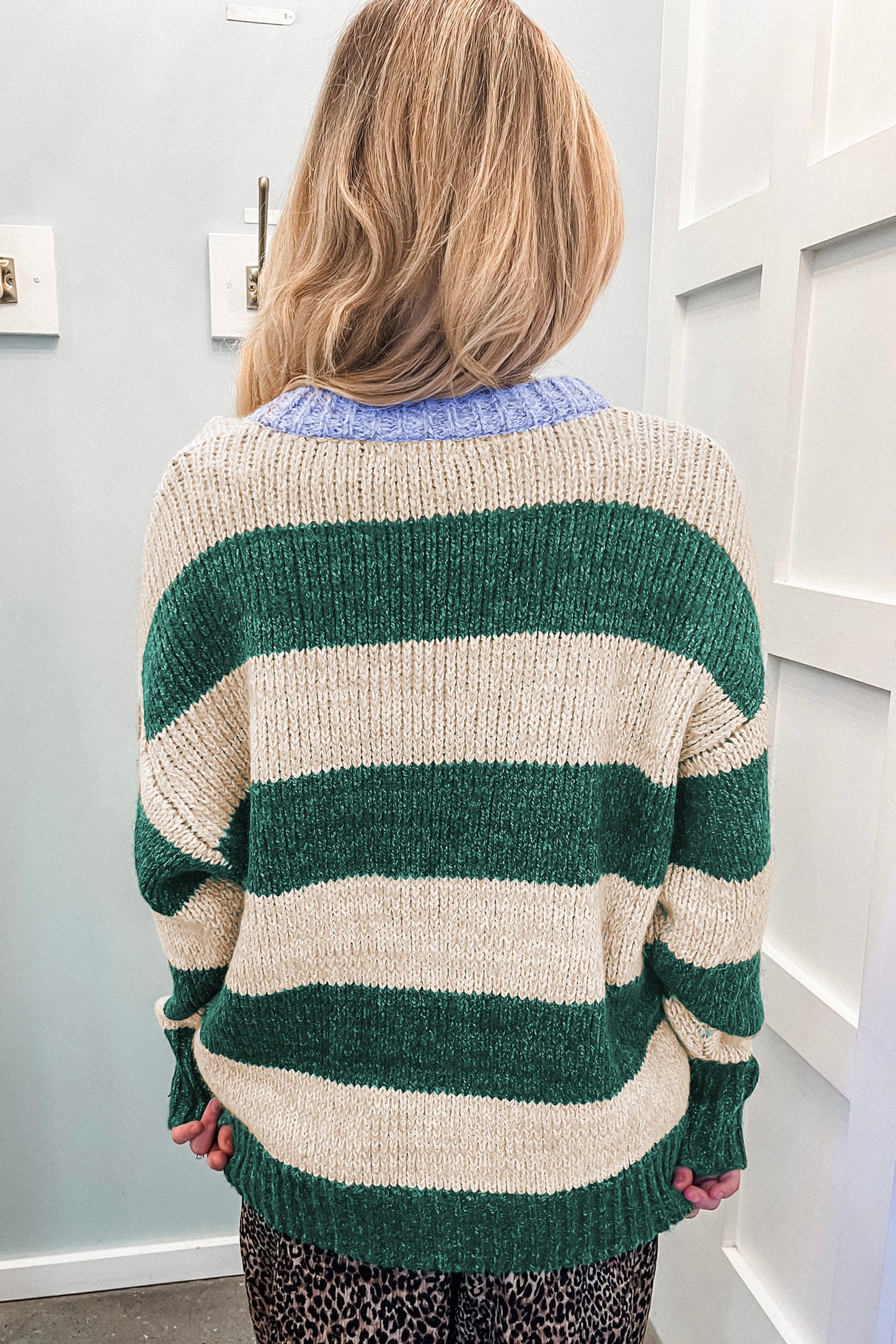 Green Stripe Drop Shoulder Knit Pullover Sweater