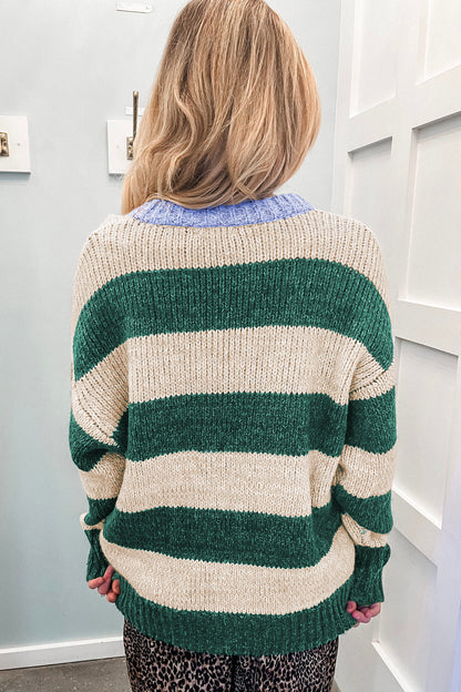 Green Stripe Drop Shoulder Knit Pullover Sweater