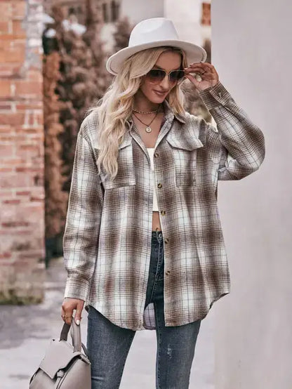 Women’s Caramel Plaid Oversized Flannel Button Down Shirt