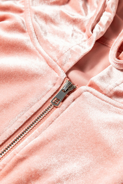 Peach Blossom Velvet Zip-up Hoodie and Wide Leg Pants Set
