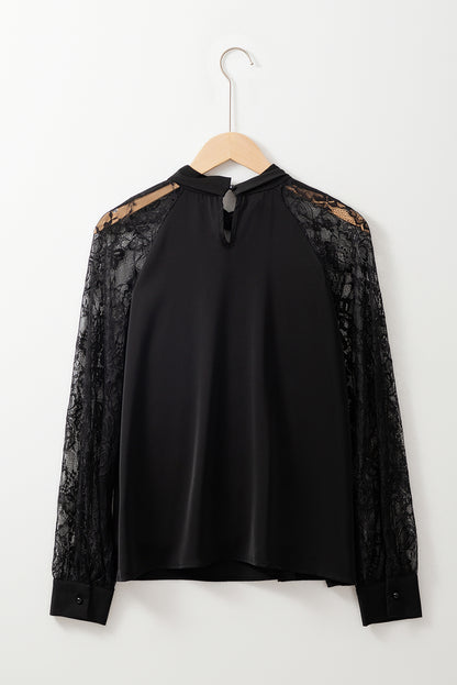 Black Lace Sleeve Keyhole Blouse Elegant Long Sleeve Top
