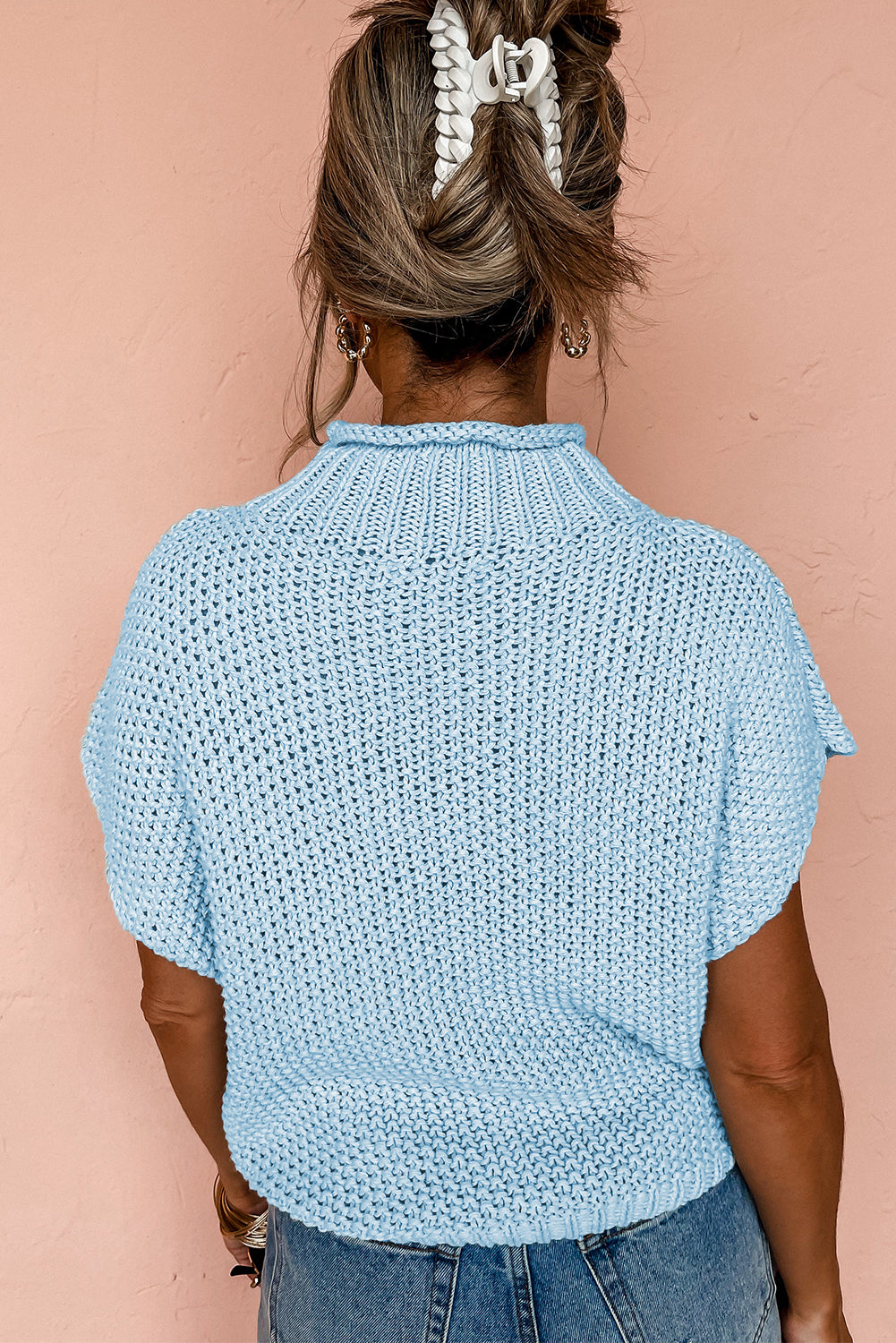 Iceland Blue Knit Sweater Top with Mock Neck & Cap Sleeves