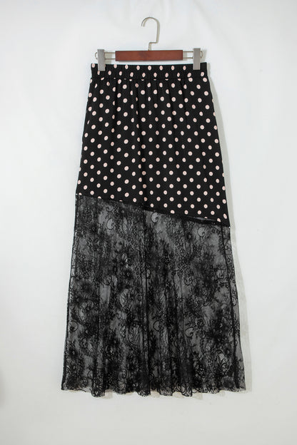 Black Polka Dot Lace Sheer Midi Maxi Skirt