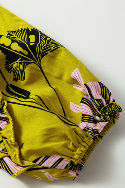 Yellow Vintage Floral V Neck Ruffle Long Sleeve Blouse