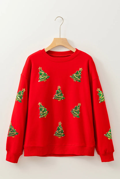 Red Sequin Christmas Tree Graphic Drop Shoulder Sweatshirt