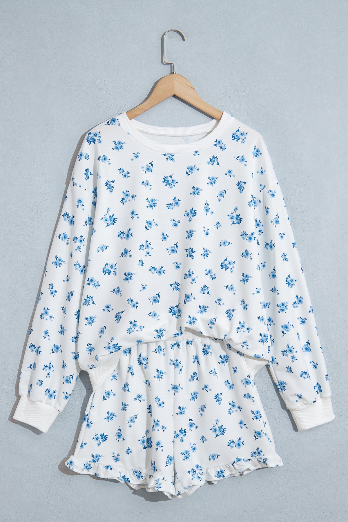 Blue Floral Sweatshirt & Ruffle Shorts 2 Piece Set