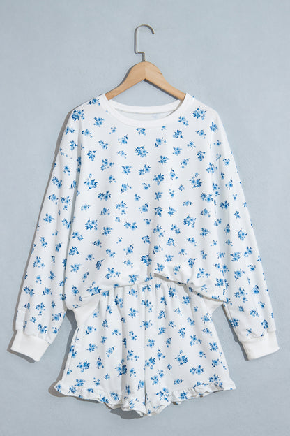 Blue Floral Sweatshirt & Ruffle Shorts 2 Piece Set