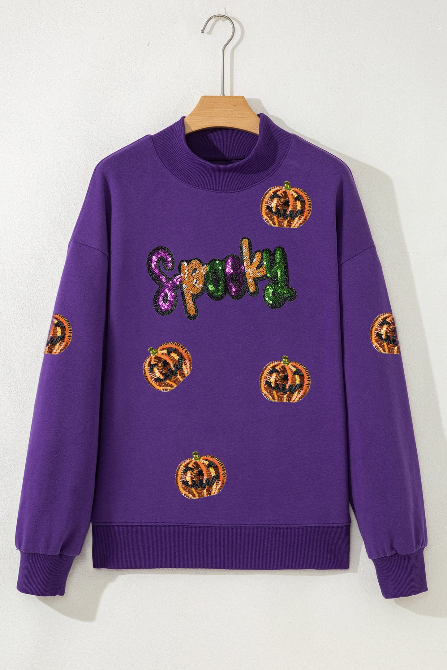 Sequin Pumpkin Spooky Mock Neck Halloween Sweatshirt
