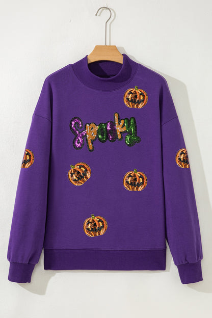 Sequin Pumpkin Spooky Mock Neck Halloween Sweatshirt