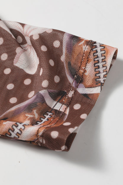 Brown Game Day Football Bow Polka Dot Mesh Long Sleeve Top