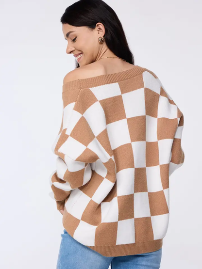 Checkerboard Knit Cardigan Button Down Cozy Sweater