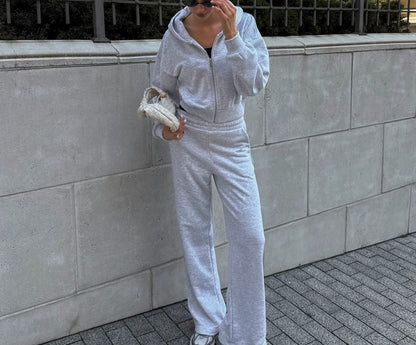 Women's 2 Piece Cropped Zip Hoodie Wide Leg Sweatpants Set