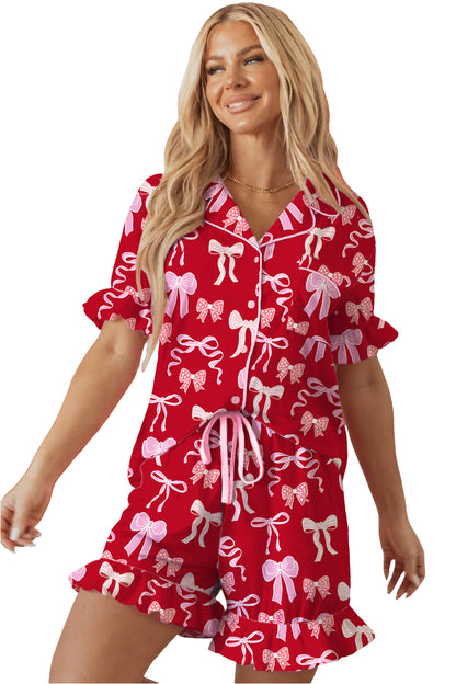 Valentine Red Bow Print Ruffle Pajama Shorts Set for Women