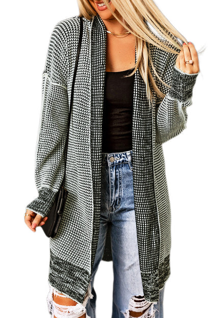 Black Plaid Knitted Long Open Front Cardigan