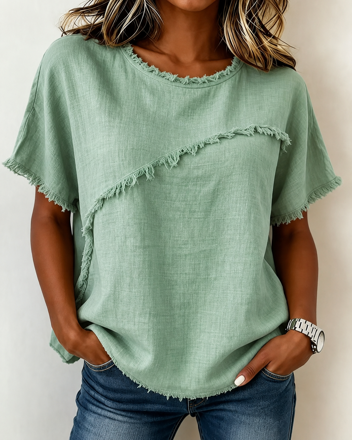 Frayed Trim Linen Blend Short Sleeve Relaxed Top