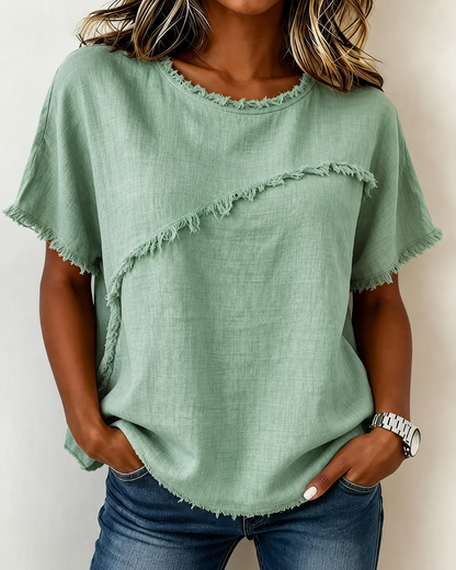 Frayed Trim Linen Blend Short Sleeve Relaxed Top