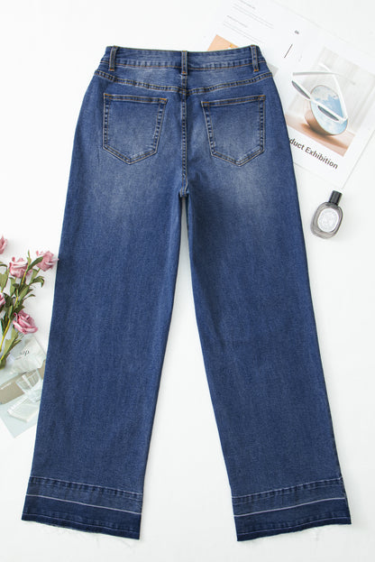 Black Raw Hem Unique Cuffs Straight High Rise Loose Jeans
