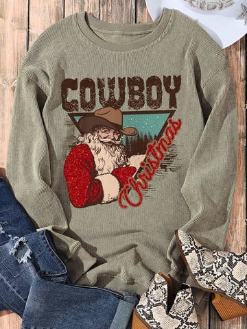 Cowboy Christmas Santa Graphic Corded Knit Sweatshirt