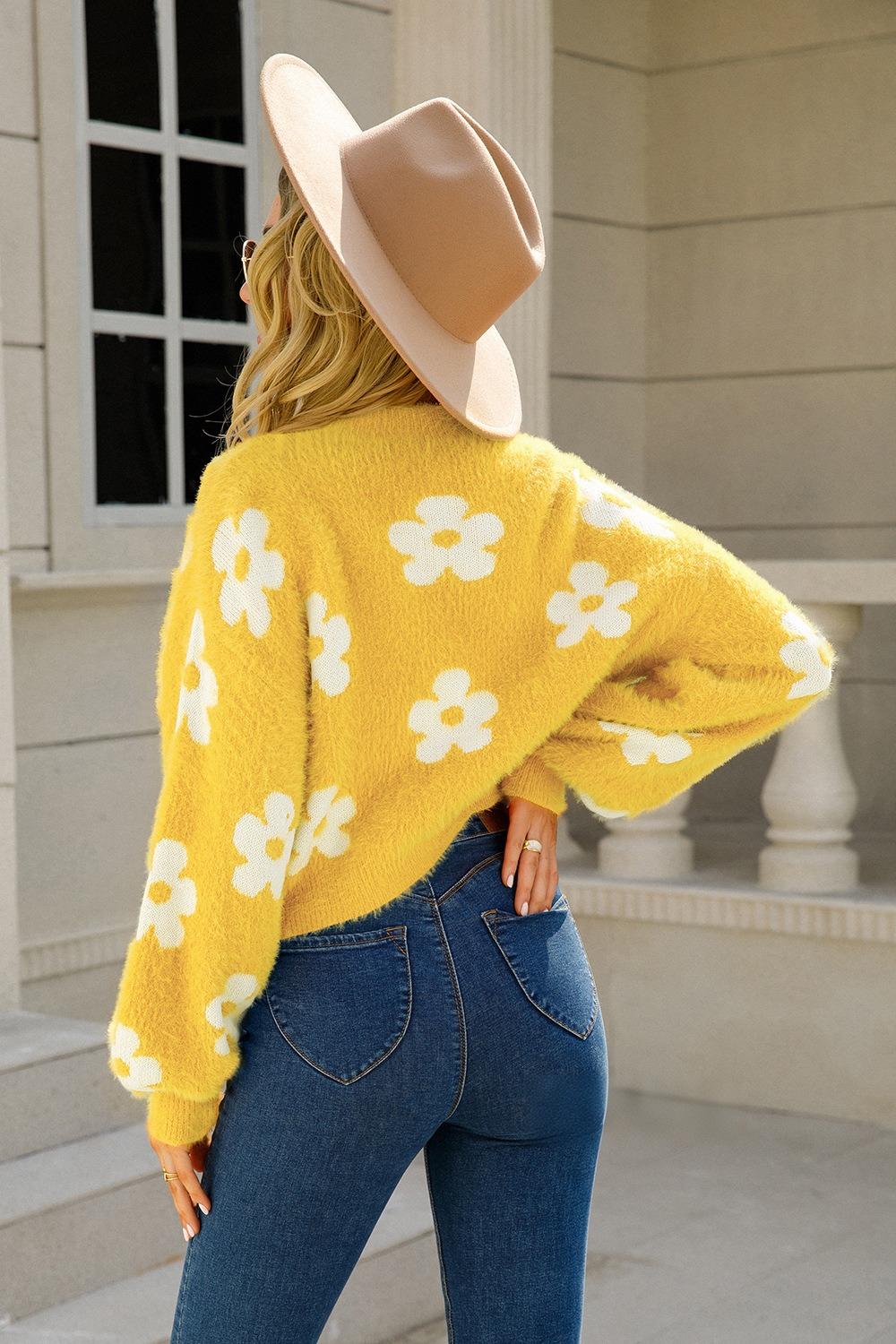 Floral Knit Crop Cardigan - Fuzzy V-Neck Sweater