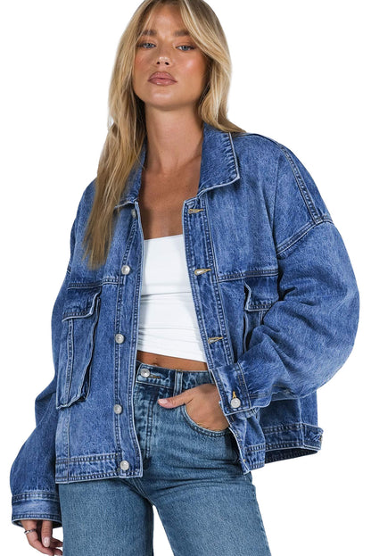 Gray Chest Pockets Drop Shoulder Loose Denim Jacket