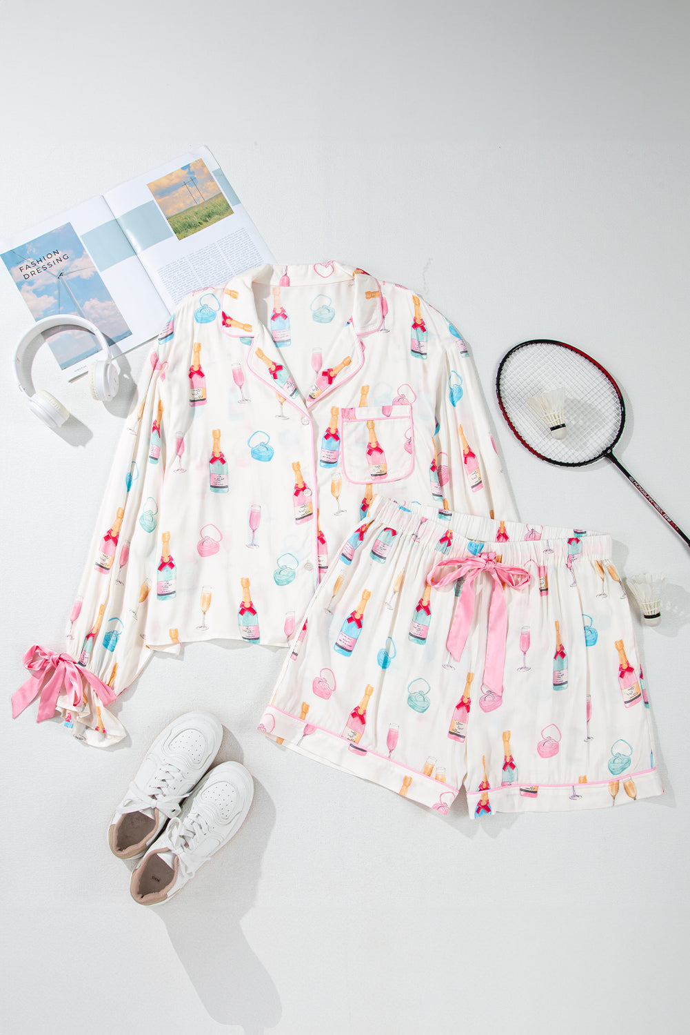 Valentine’s Day White Plus Size Wine Print Bow Pajama Set