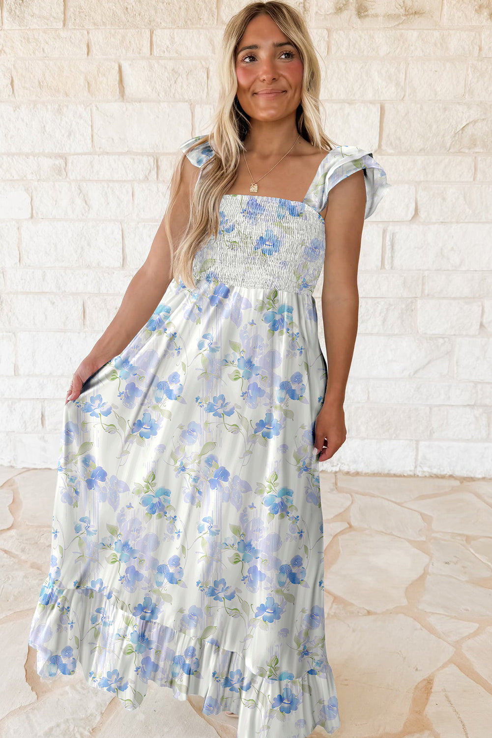 Easter Blue Floral Smocked Maxi Dress