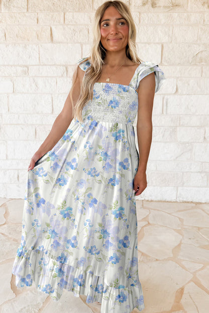 Easter Blue Floral Smocked Maxi Dress