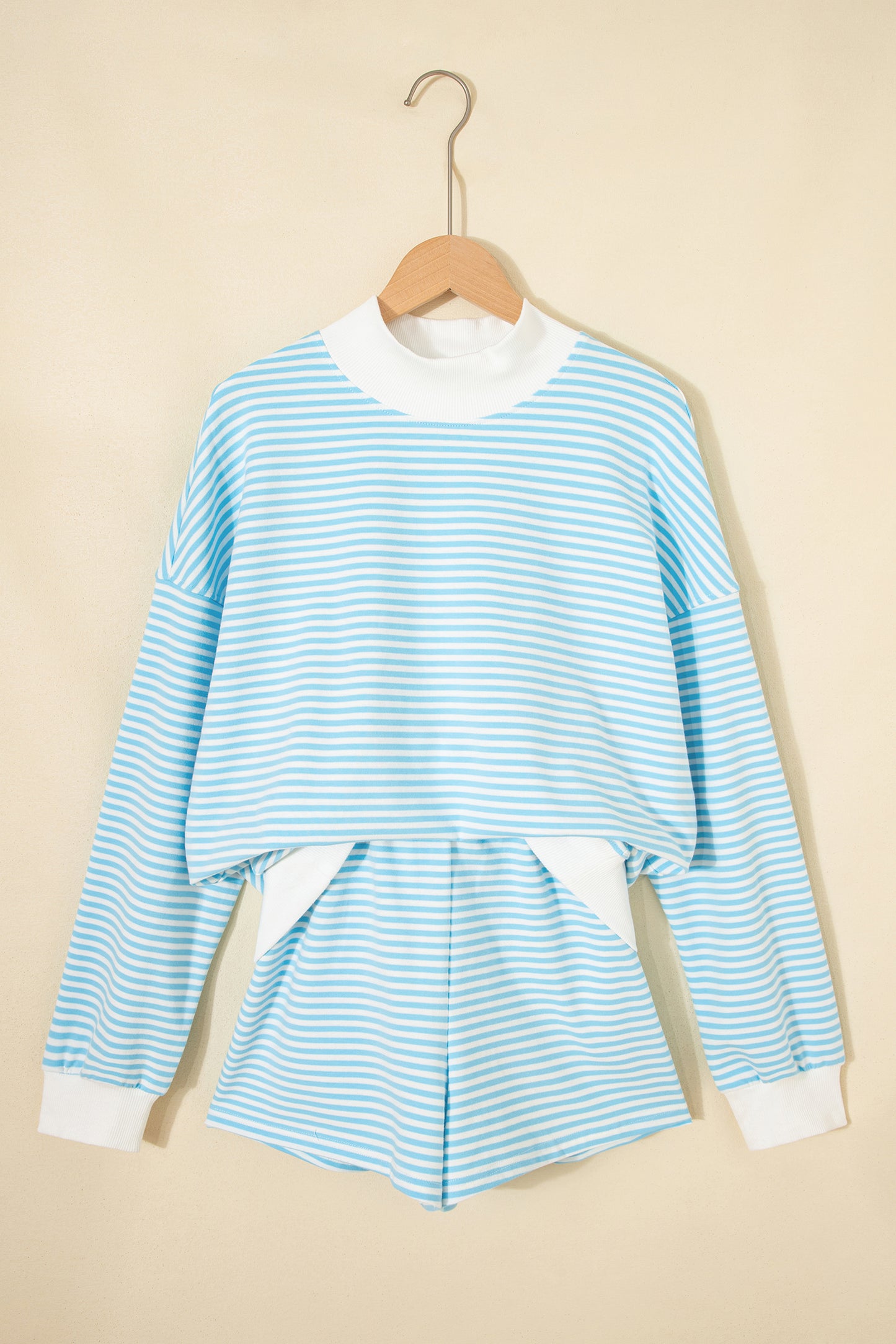 Pink Stripe Oversized Mock Neck Sweatshirt Shorts Set