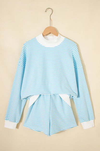 Pink Stripe Oversized Mock Neck Sweatshirt Shorts Set